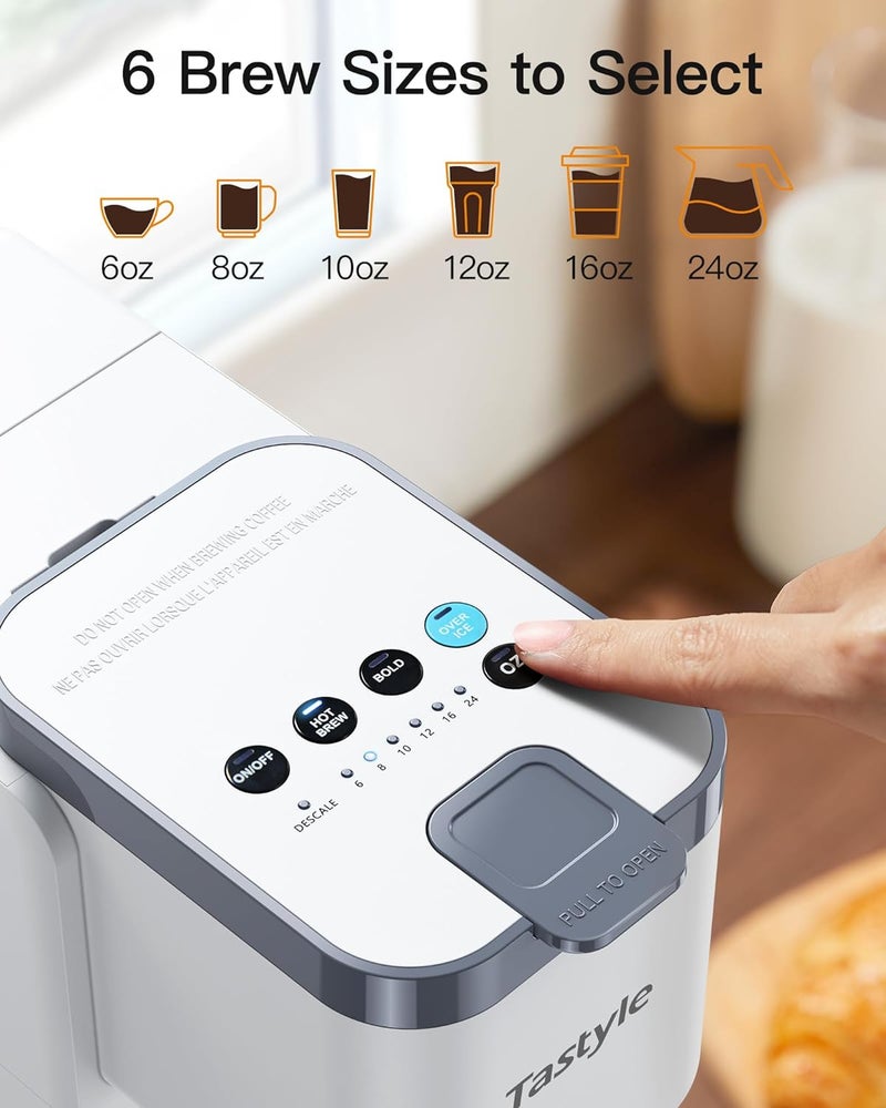 Tastyle Single Serve Hot & Iced Coffee Maker with Strong Brew, 40oz Removable Reservoir, 6 Brew Sizes, Compatible with K Cup and Grounds, Compact for Home, Office, RV and Dorm, White (2.0 Version) - Image 4